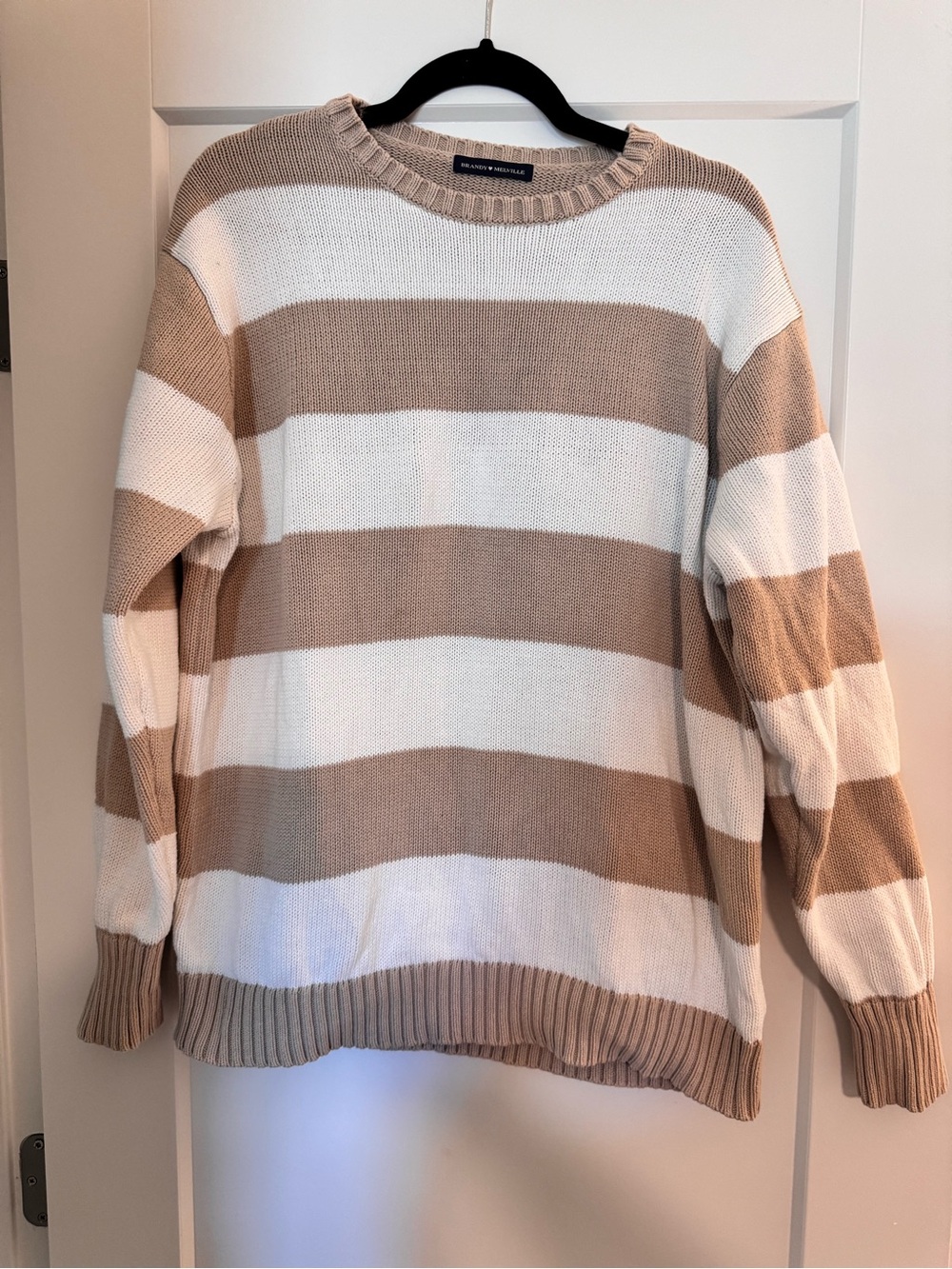 Brandy Melville Beige and White Striped Crewneck Sweater